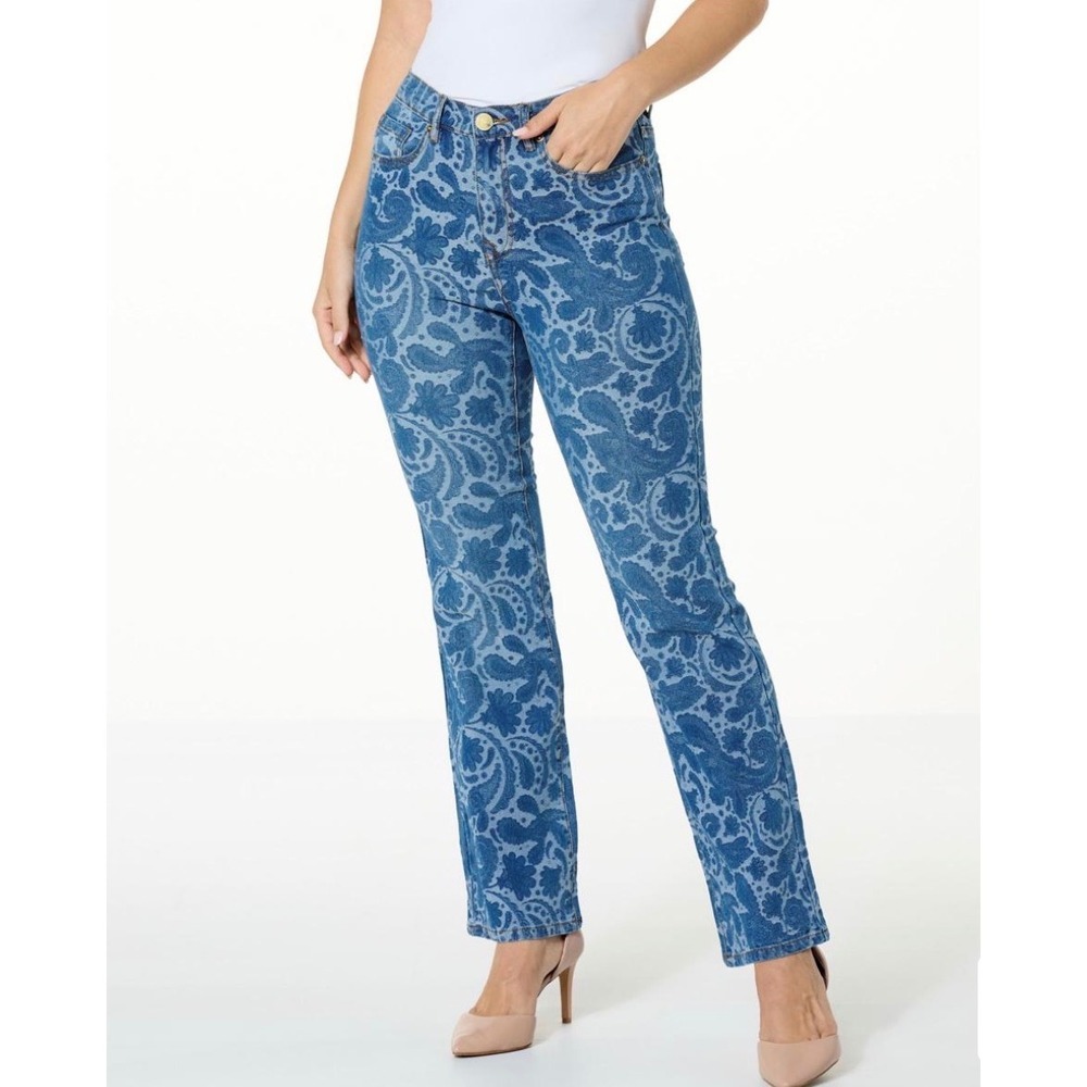 DG2 Diane Gilman Paisley Print Straight Leg Denim Jeans‎ Blue Womens 12 NEW